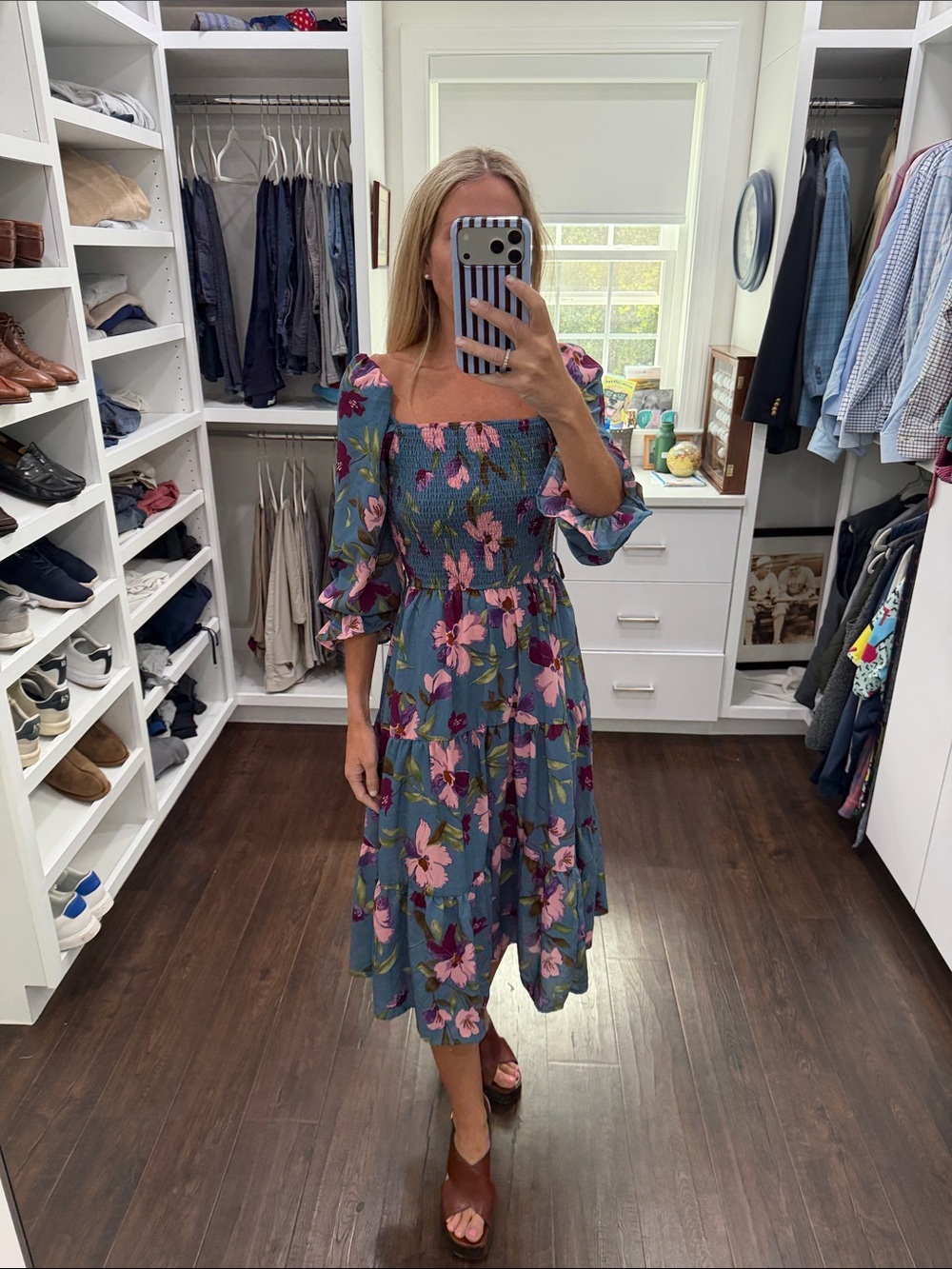 Amazon Smocked Square-Neck Floral Midi Dress in Blue S